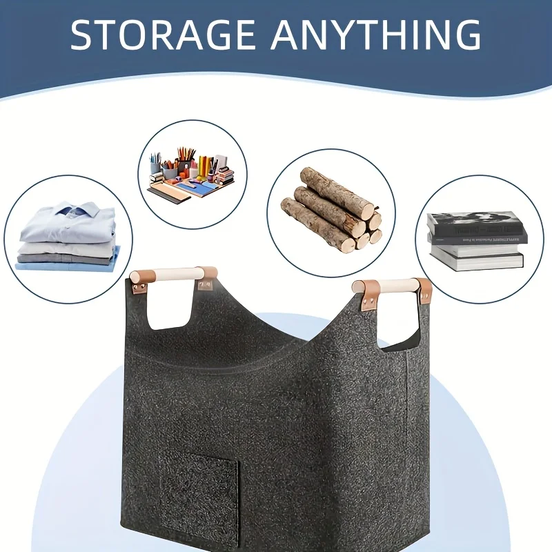 kkjoy 1pc  Foldable Heavy Duty Felt Firewood Basket,  Reinforced Handles - Multi-purpose Storage for Home & Camping - Dark Grey