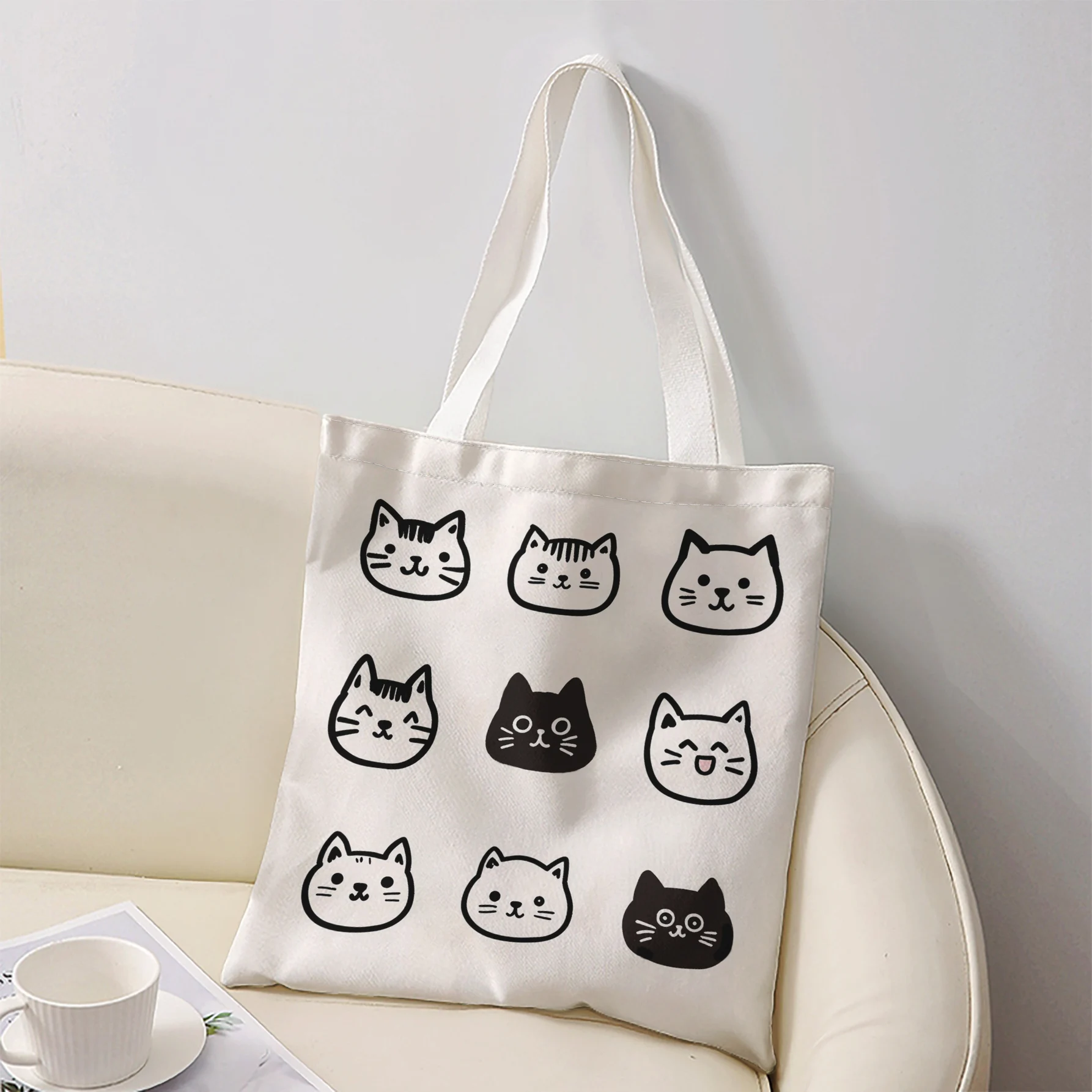 Nine Different Expression Cat Heads Grid Print Tote Bag Large Shoulder Handbag For Shopping Daily Commute