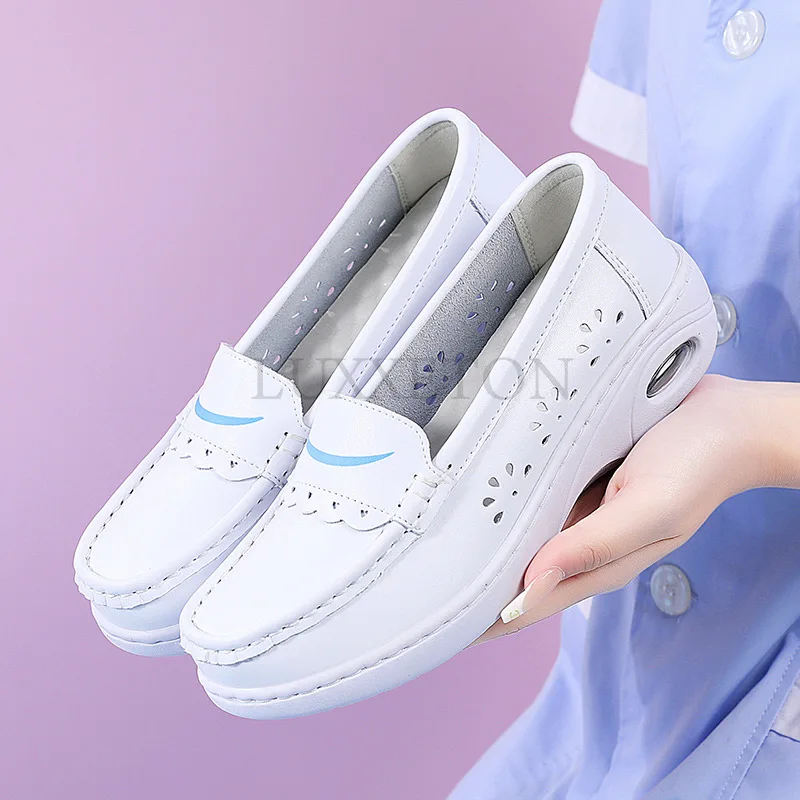 Air Cushion Nurse Shoes for Women Soft Soled Comfortable Non Slip Mid Heel Hollow Medical Work White Shoes