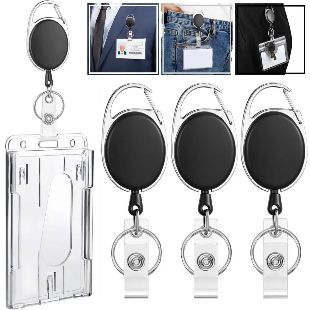 Transparent Cards Slots ID Tag Heavy-Duty Badge Holders Hard Transparent Scratch-Proof Case Protector Retractable Badge Clips