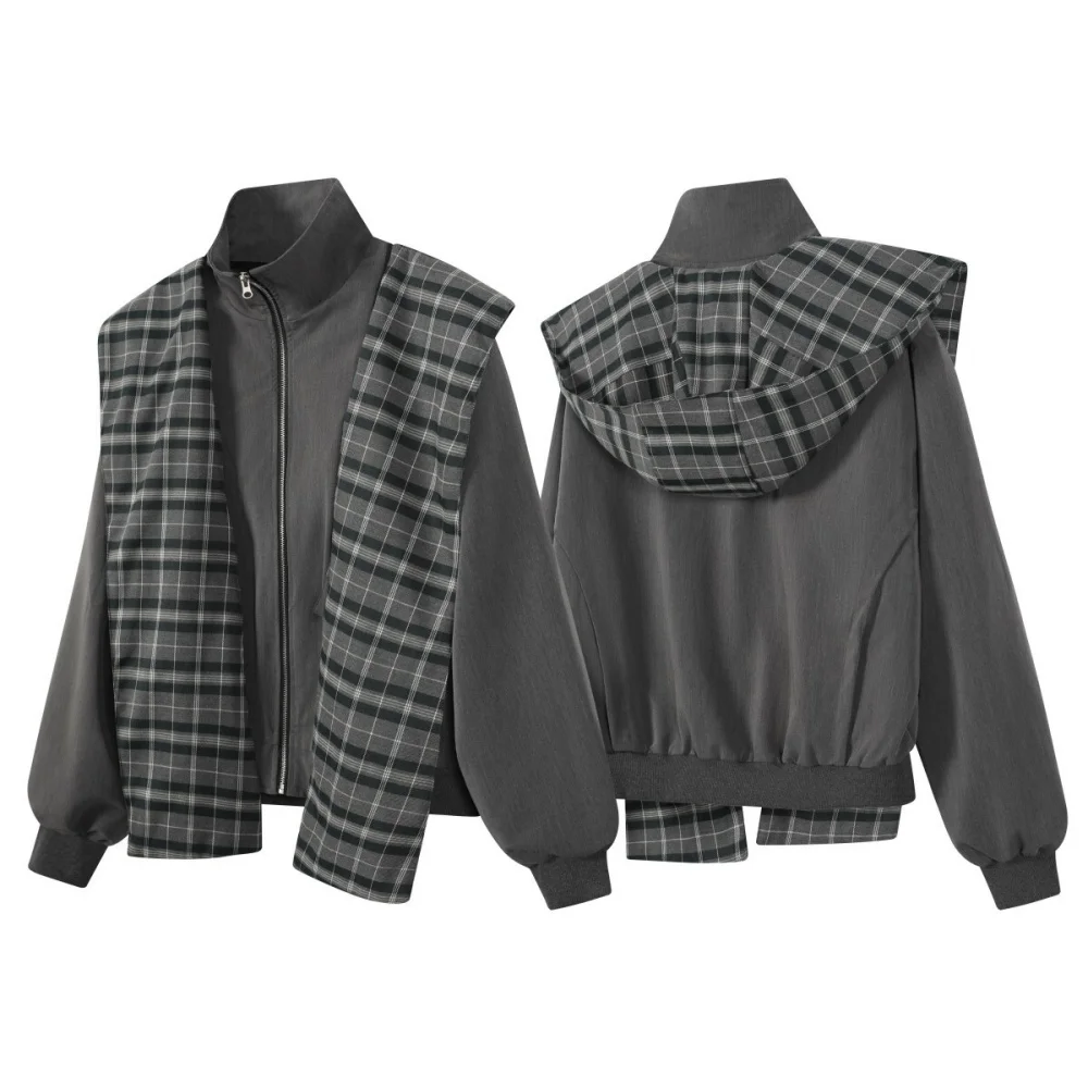 

Women's Jacket Gray Detachable Unique-Style Hooded Jackets for Woman 2026 Spring New in Outerwears Casual Plain Outdoor Clothes