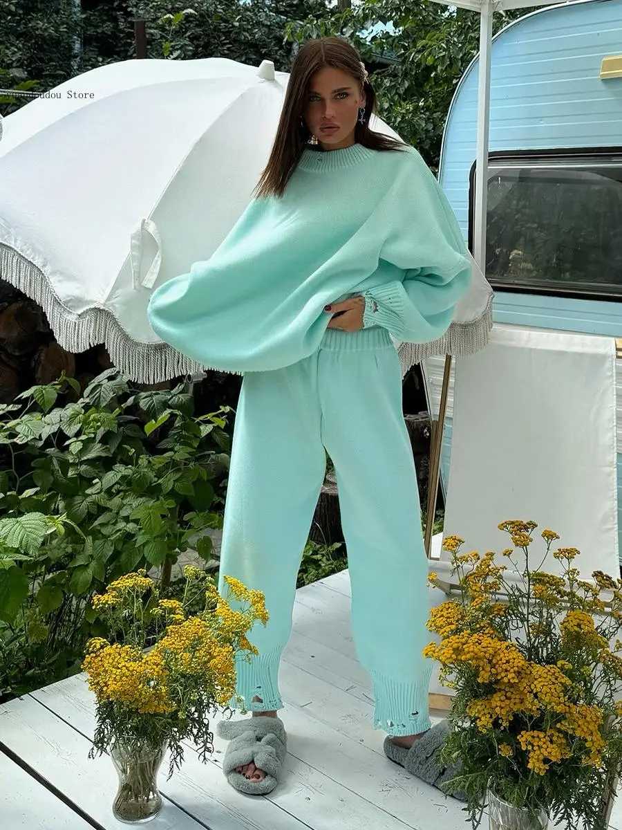 Autumn Winter Soft Oversized Ripped Hem Pullover Women's Turtleneck Knit Sweater Skinny Knit Pants Set