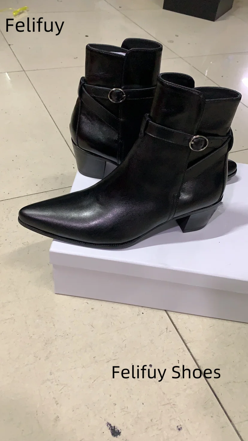 

New High Heels Cow Leather Boots for Men Black Winter Pointed Toes Buckle Strap Chelsea Boots Male Fashion Casual Shoes Man