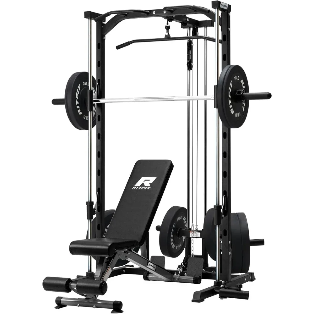 Machine Power Rack with LAT-Pull Down System, Landmine, Barbell Bar, Plate Storage Pegs and More Training Attachment