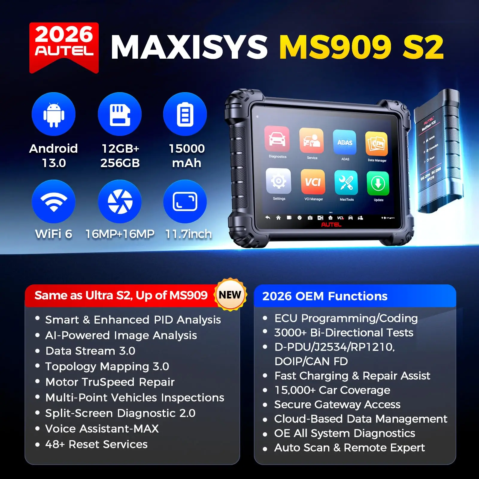 Autel MaxiSys MS909 S2 Intelligent Automotive Diagnostic Tools Scanner J2534 ECU Programmer, Motor TruSpeed Same as MS Ultra S2