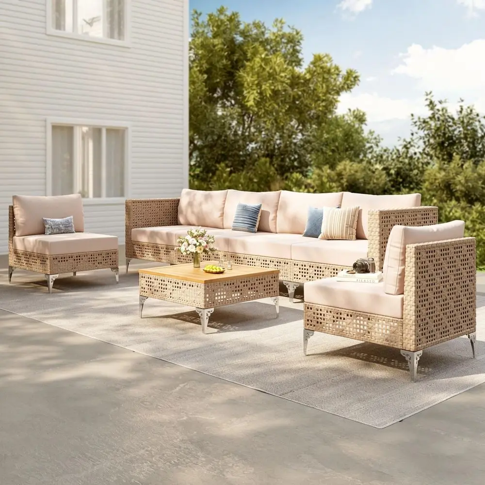 and William 7 Pieces Wicker Patio Sofa Set, Coffee Table, Beige
