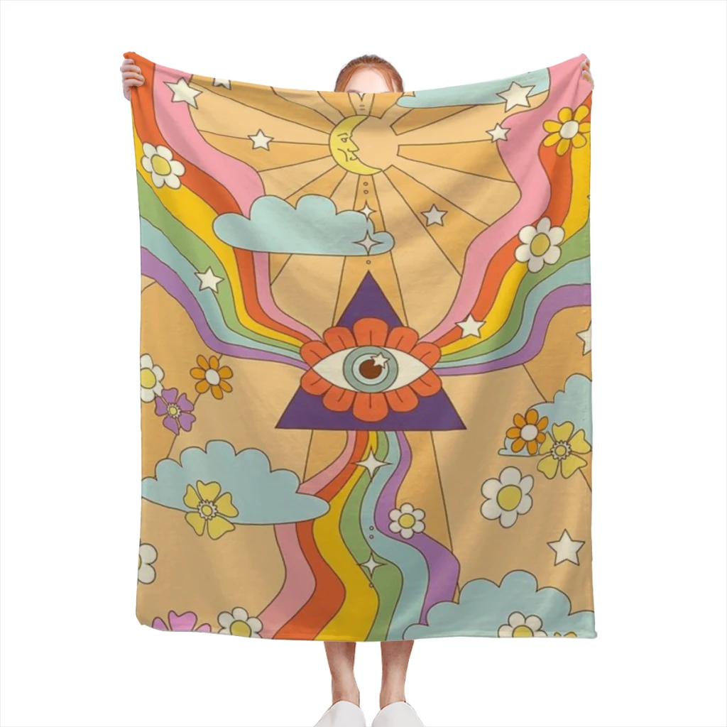 retro hippie boho rainbow print Blanket Flange Textile Decor Portable Super Soft Throw Blankets for Home Office Plush Thin Quilt