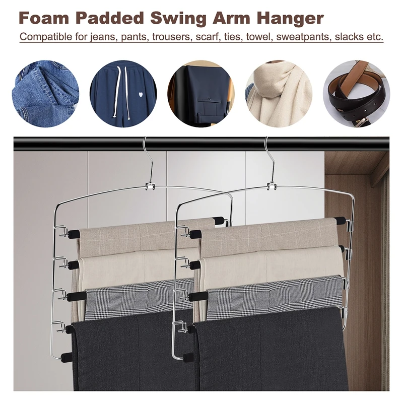 Pants Hangers 5 Layers Metal Slack Magic Hangers Non-Slip Foam Padded Swing Arm Space Saving Hanger Clothes Closet Storage Organ