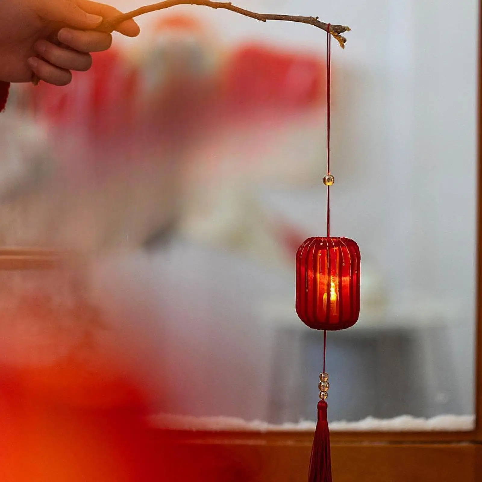 Lanterna luminosa suspensa de ano novo chinês, 14 polegadas, artesanato decorativo, lâmpada noturna com borla para sala de estar, multifuncional