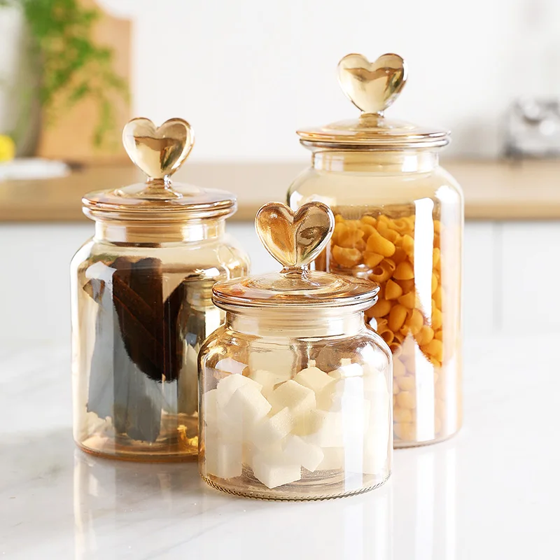 Amber Heart Glass Bottle Sealed Jar with Lid Kitchen Food Storage Container Nut Coffee Bean Candy Jar Clear Glass Box Home Decor