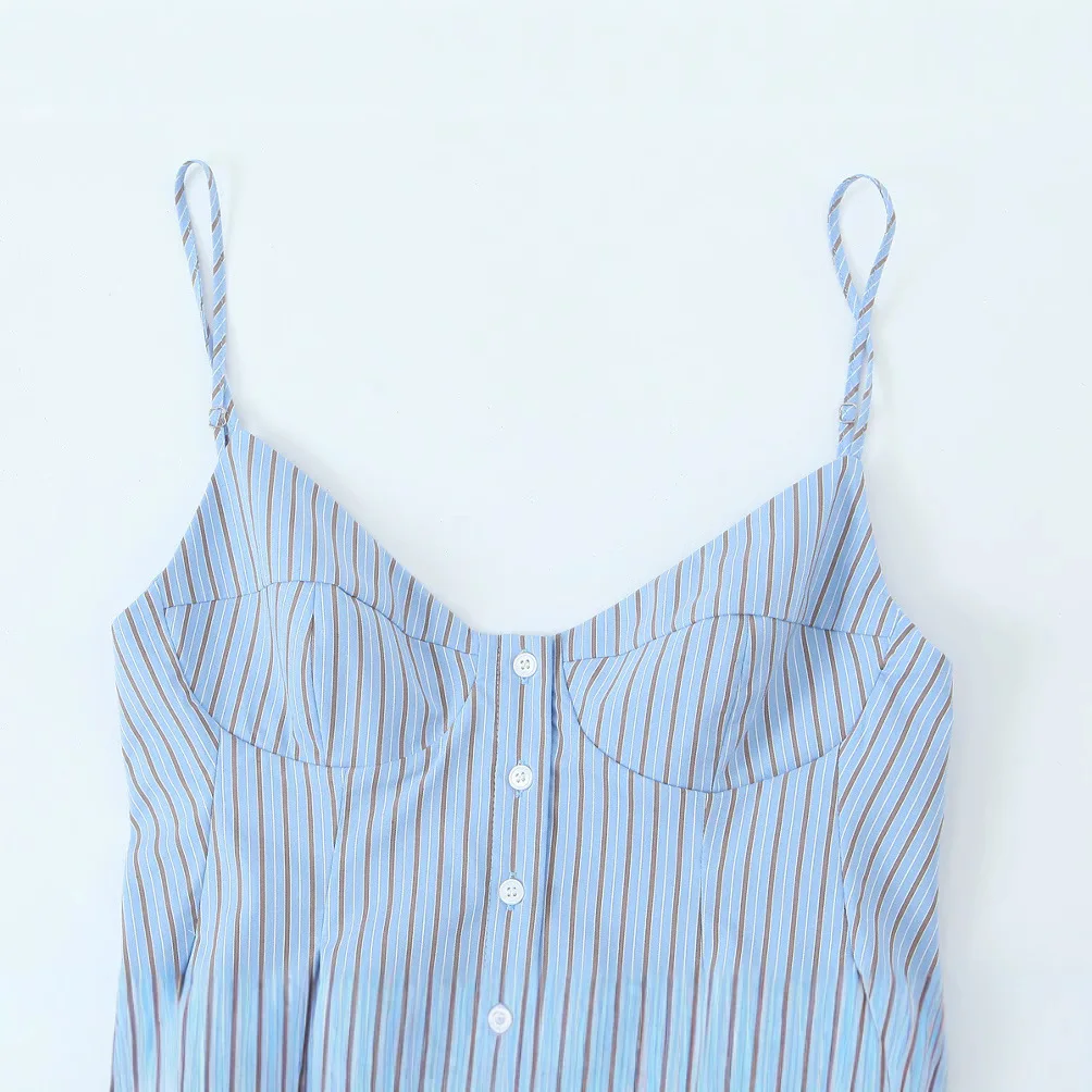

2025 Summer New Women's Fashion Thin Strap Striped Button Short Top