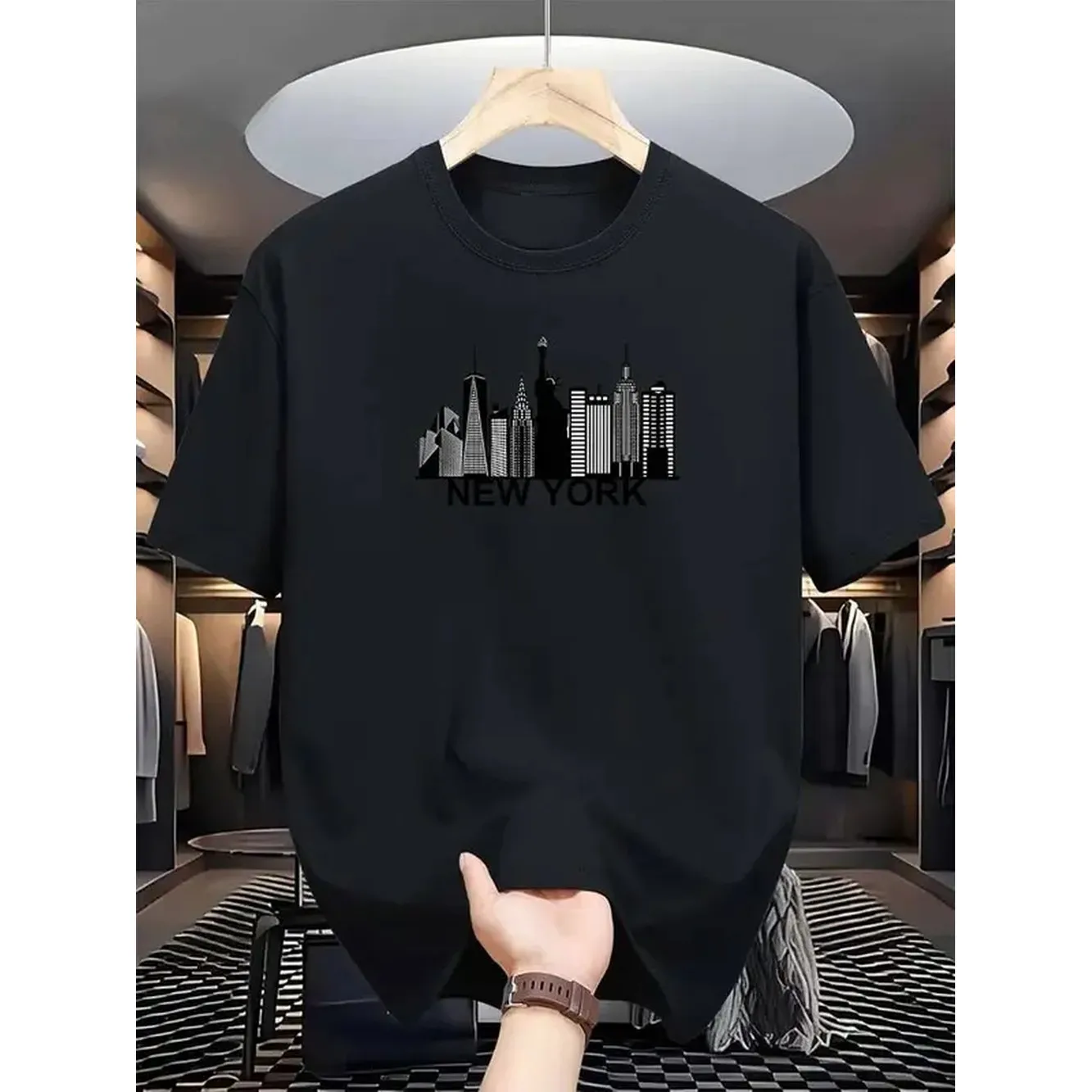 Men's Graphic T-Shirt, Casual New York City Skyline Print Tee, Light Blue Short Sleeve Top in 100% Cotton, Breathable with Durable Stitching, Shortsleeve, Tshirt