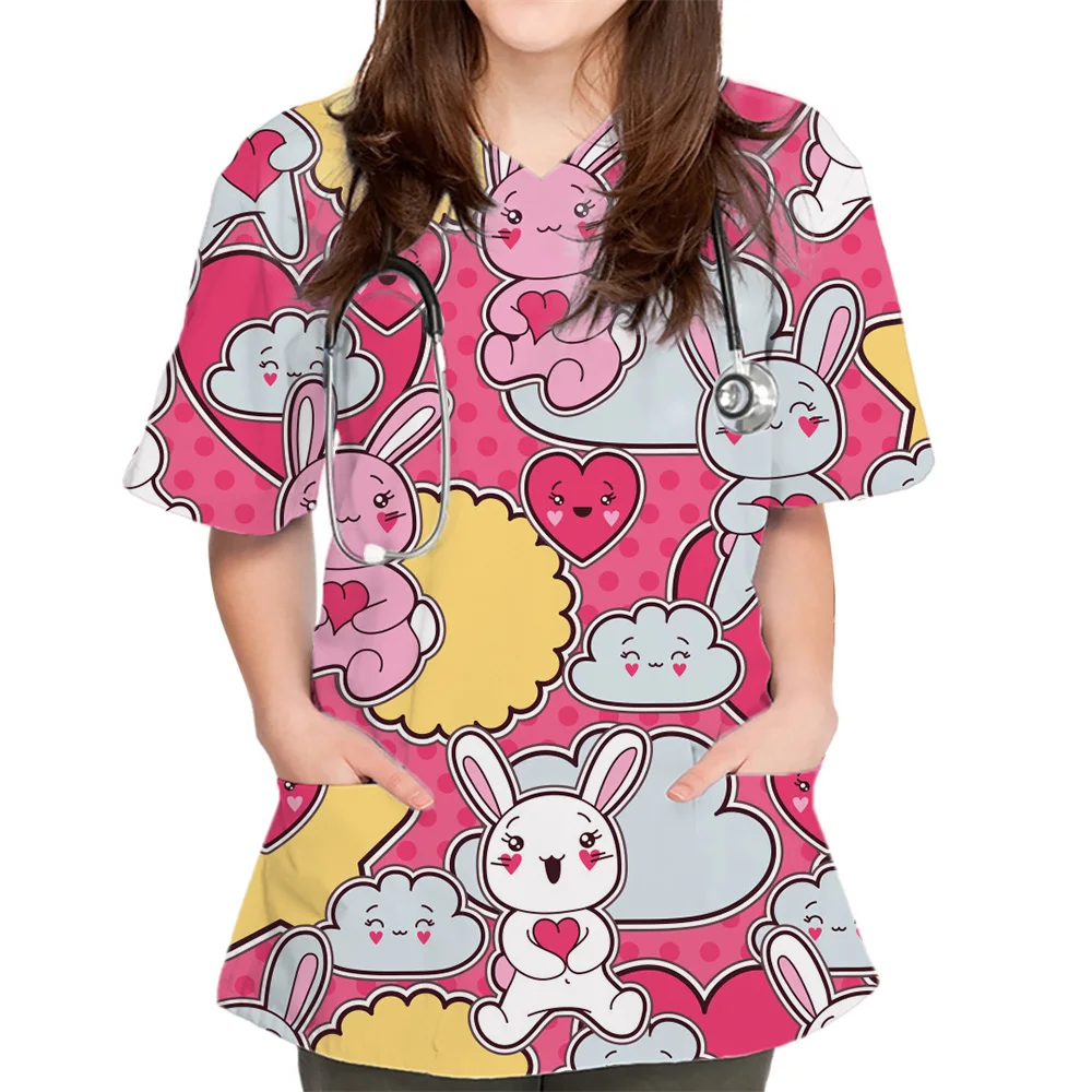 Camisetas con estampado de conejo de dibujos animados para mujer, uniforme de enfermera, camiseta elástica con cuello en V, manga corta, Top con