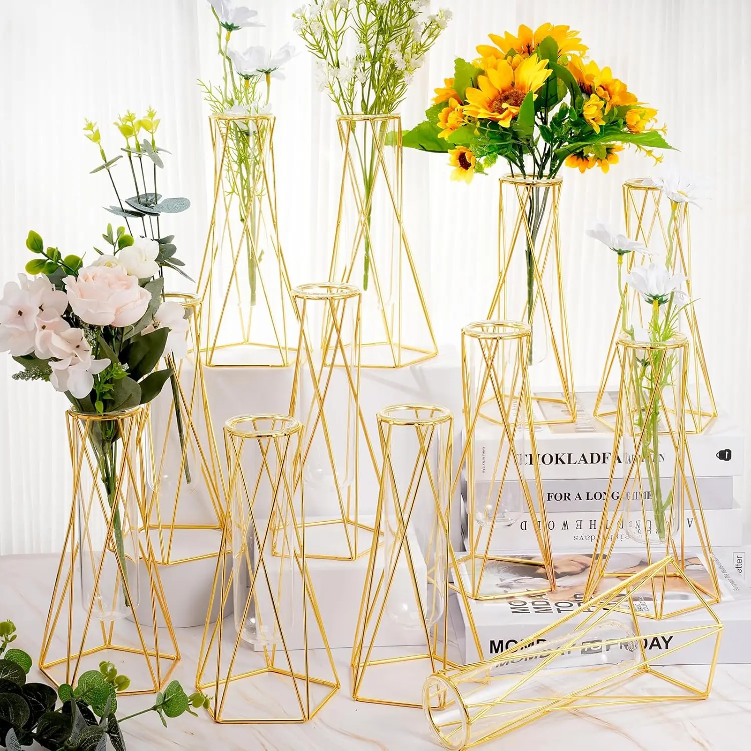 

Dandat 12 Pcs Gold Geometric Vase For Centerpieces Glass With Metal Stand Hydroponic Plant Flower Modern Vase For