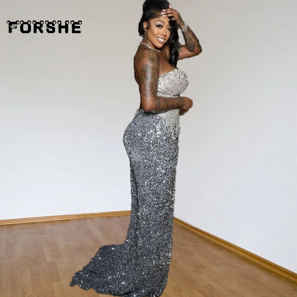 Silver Diamond Prom Dresses Luxury Black Girls Sequin Mermaid Long Birthday Outfit 2025 Sweetheart Vestidos De Gala Customized