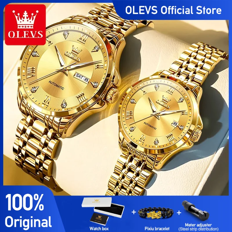 

OLEVS 6702 часы для пар, роскошные оригинальные механические наручные часы с цирконовой шкалой, водонепроницаемые светящиеся часы с датой на день, подарки для пары