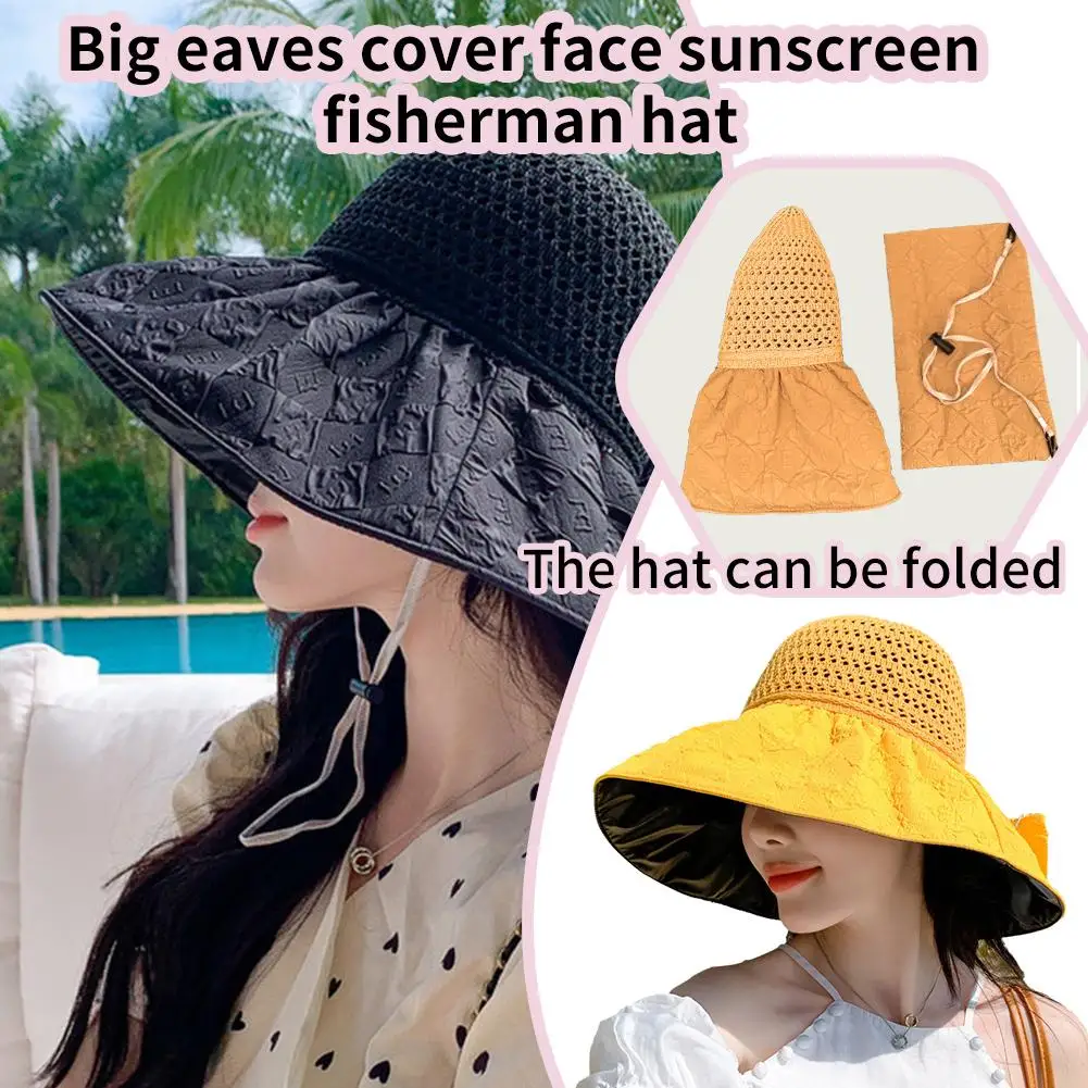 

Sun Hat Large Brim Foldable Hollow Breathable UV Protection Bow Tie Decor Women Sunscreen Summer Hat Beach Cap For Outdoor K0I6