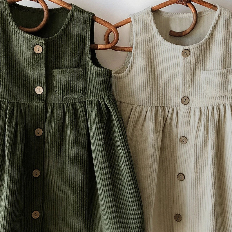 Girls Button Up Corduroy Pinafore Dress Vintage Autumn New Children\'s Round Neck Casual Loose Sleeveless A-Line Dresses TZ355