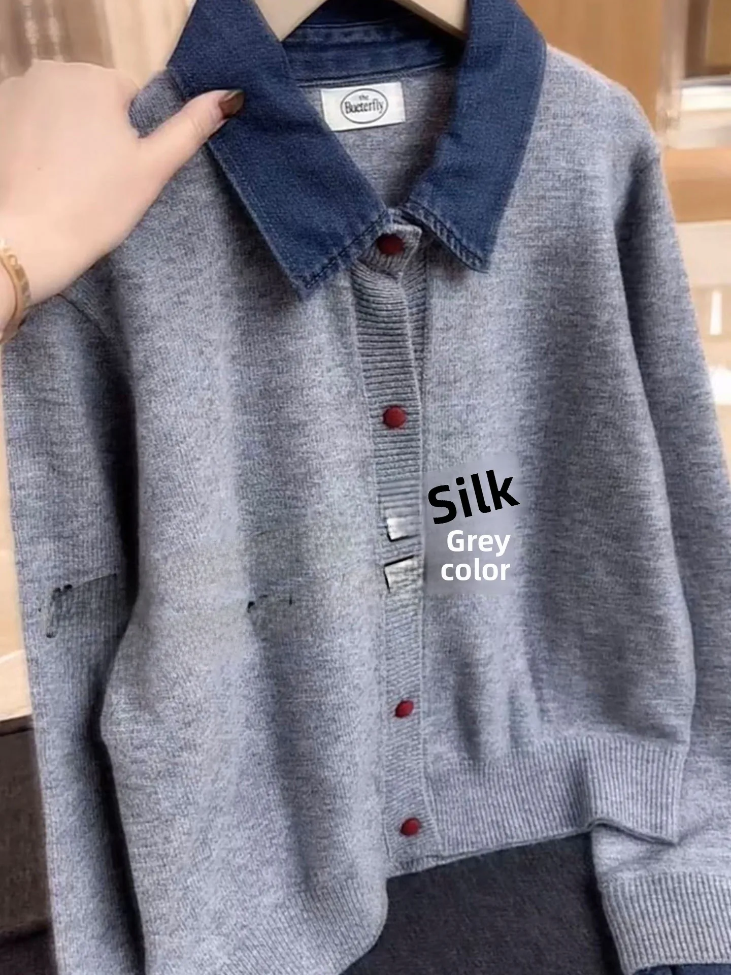 

Spring Faion Loose Fit Women's Knitted Denim Patchwork Collar Set Slimming Open Cardigan Long Sve Regular Length