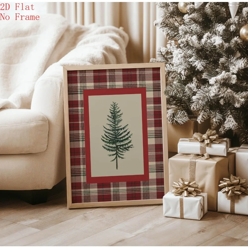 2pcs frameles,2pcs/Set Traditional Christmas Pine Tree Posters Unframed Red & Green Plaid Christmas Wall Art Poster for Living R
