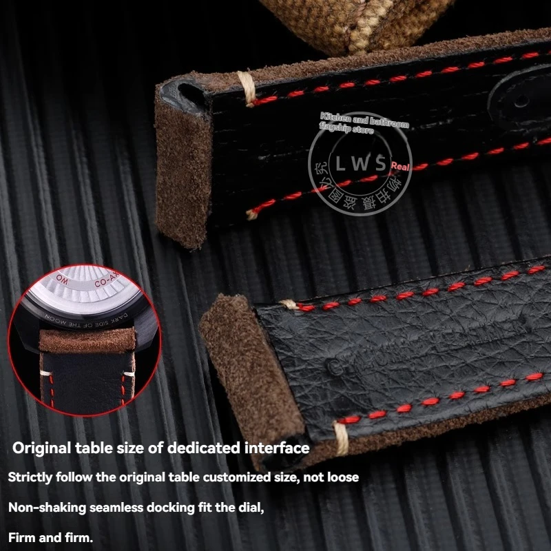 حزام ساعة جلد عتيق 21 ملم لساعة أوميغا سبيدماستر الجانب الداكن من القمر 311 - حزام جلد العجل الناعم للرجال، بني/أسود