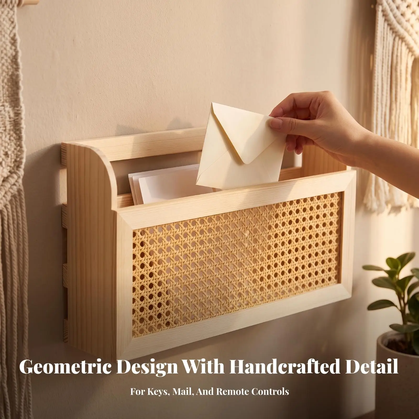 Space-Saving Wooden Wall Organizer | Ventilated Woven Front Panel, Wall-Mounted Storage Bin, for Entryway