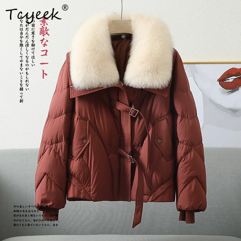 Tcyeek 가을 겨울 분리형 여우 모피 칼라 스퀘어 칼라 짧은 여성용 화이트 구스 다운 코트 Casacas Para Mujer Invierno