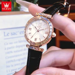 OLEVS 9007 Business Quartz Watch For Women Original Diamond Roman Scale Leather Wristwatch Waterproof Luxury Woman Dress Watches