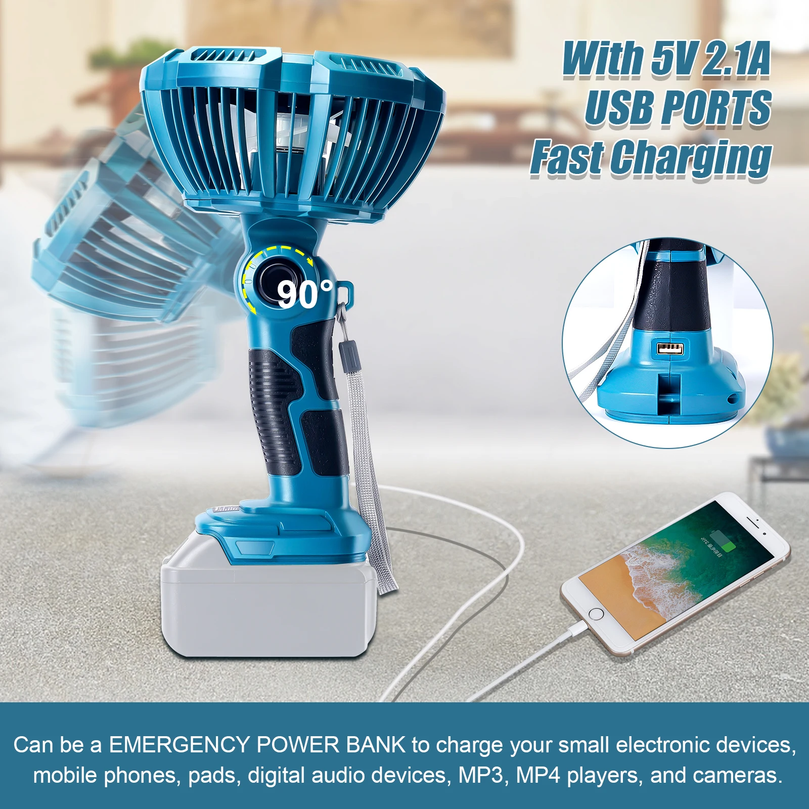 9W สำหรับ Makita พัดลมตั้งแบบพกพาแบตเตอรี่14.4-20V พร้อมไฟชาร์จเร็วพอร์ต USB พับได้ตัดเสียงรบกวนต่ำพัดลมไฟฟ้า