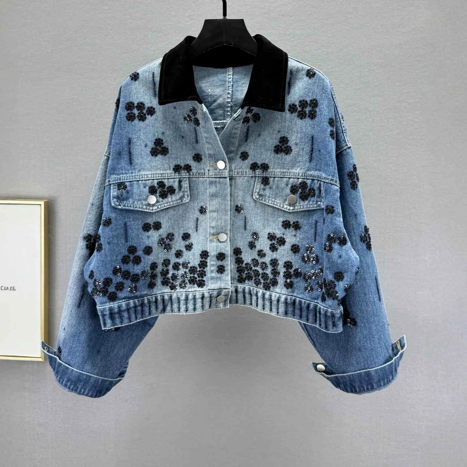 

Women Denim Jacket Vintage Washed Diamonds Patchwork Coat Distressed Single Breasted Turn Down Collar Outerwear Streetwear