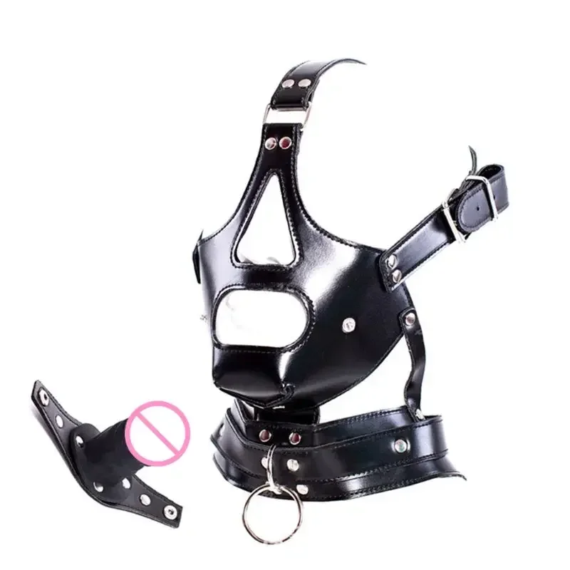BDSM Bondage Head Wrap Maschere con cappuccio cavo Giocattoli del sesso SM Slave Gioco di ruolo Copricapo Maschere con cappuccio mezza faccia in pelle fetish con bavaglio per pene