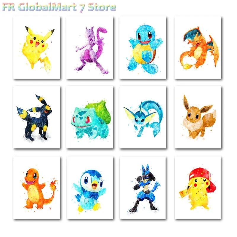 Pokemon Watercolor Canvas Painting Pikachu Charizard Bulbasaur Poster Home Dorm Wall Art Decoration Children Gift Mural Cuadr