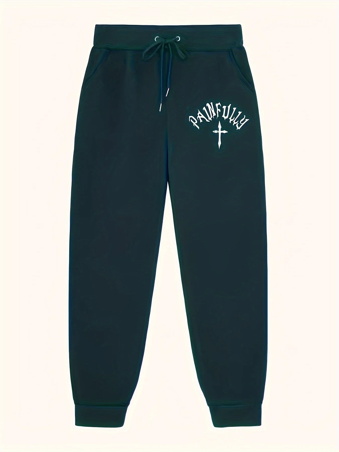 Dark Street Men Sports Sweatpants Retro Gothic Painfully Cross Logo Elastic Drawstring Sports Trousers With Cozy Fleece Fabric