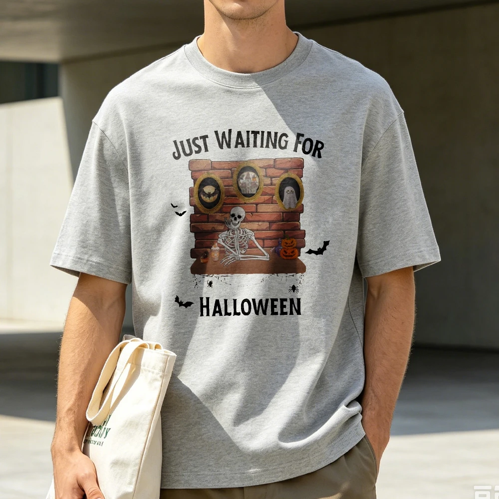 Retro Halloween Graphic Tee Funny Skeleton Pumpkin Shirt Skeleton Waiting For Halloween Unisex Tee Horror‑vibe Autumn Cotton Top