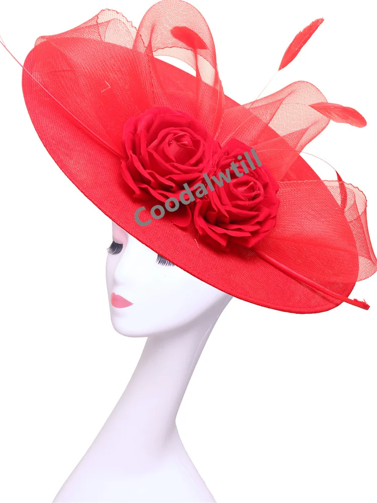 

Red Flower Big Fascinator Hat For Women Wedding Derby Church Headpiece Bride Ladies Cocktail Event Chapeau Cap Race Party Hats