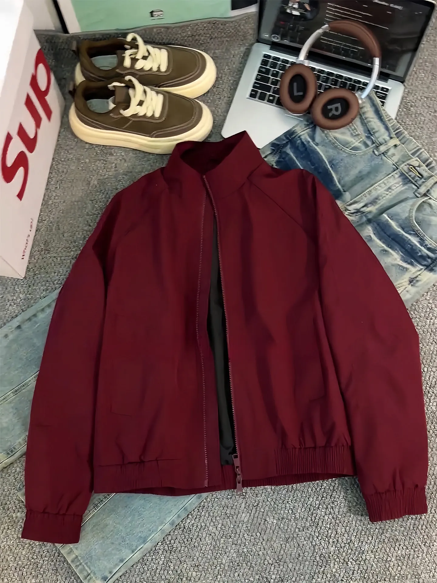

Red American Sle Bomber Jaet ort Flight Coat ex Spring Autumn Polyester Fabric Waterproof Youth Faion Casual Jaet