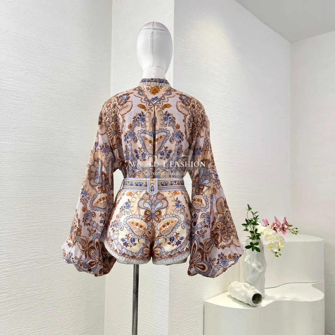 Blus Rami Dasi Kupu-kupu Lengan Lentera Penuh Rami Gambar Cetak Bunga Kualitas Tinggi Baru 2025 dan Celana Pendek Linen Berikat Pakaian Set Wanita