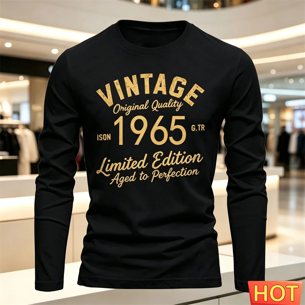 American Retro Men's Long sleeved T-shirts LetterPrinted Micro Elastic Breathable Round Neck Cotton men's T-shirt Men's clothing