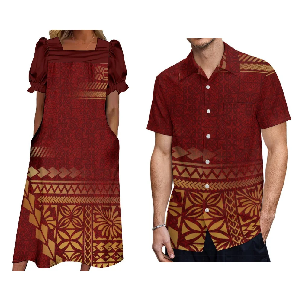 

Summer Casual Short Sleeve Couple Set Mumu Women's Dress Men's Loose Shirt 2024 New Pocket Design Polynesia