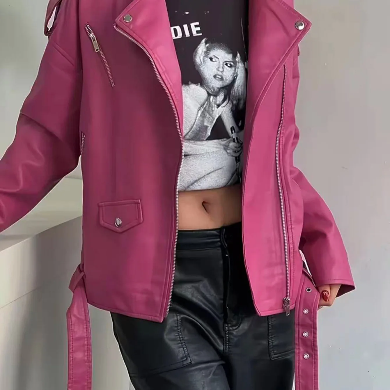 Women's PU leather jacket autumn and winter retro cycling motorcycle suit BF style women's leather jacket