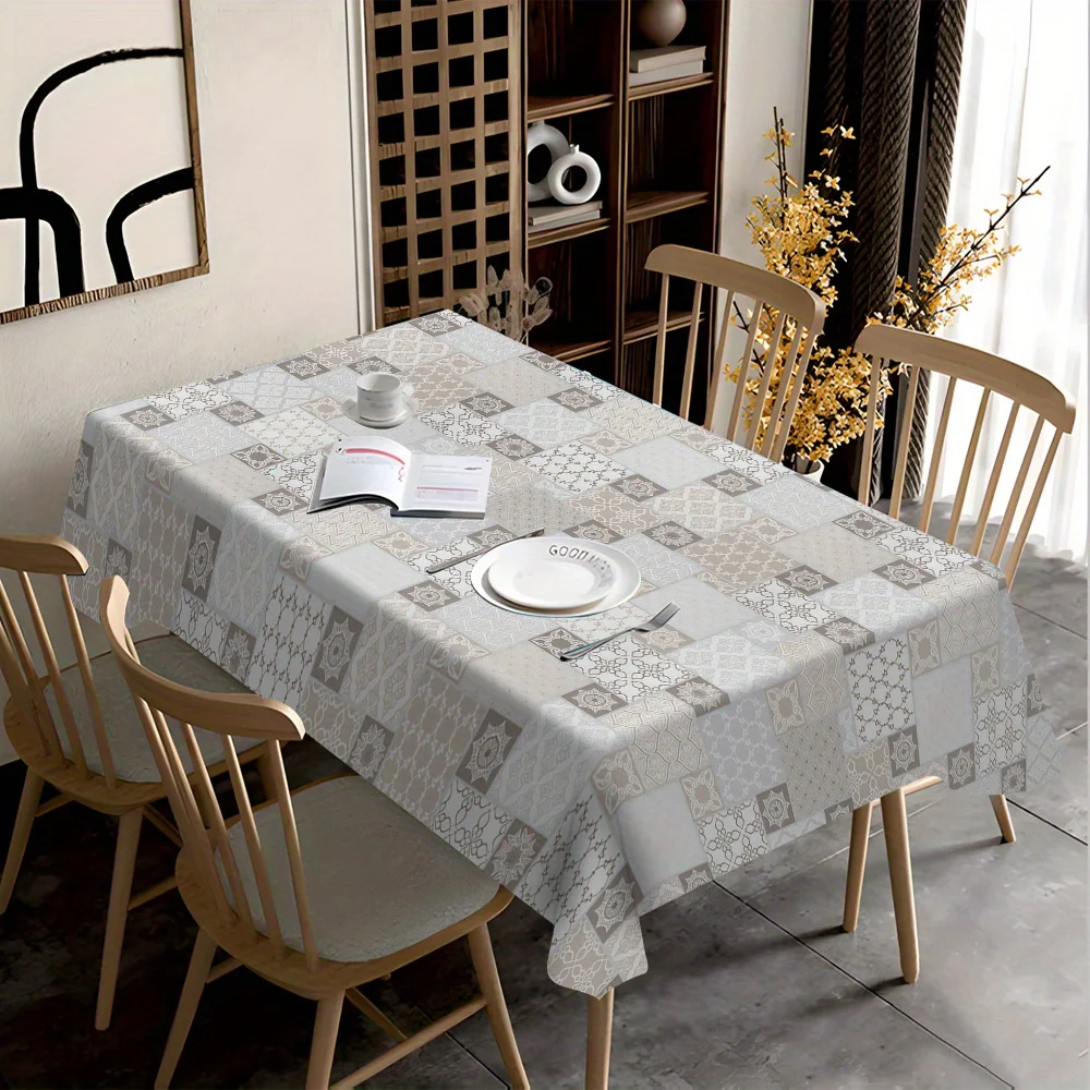 One light gray and beige geometric pattern tablecloth - machine washable nylon table cover, suitable for the kitchenzyc