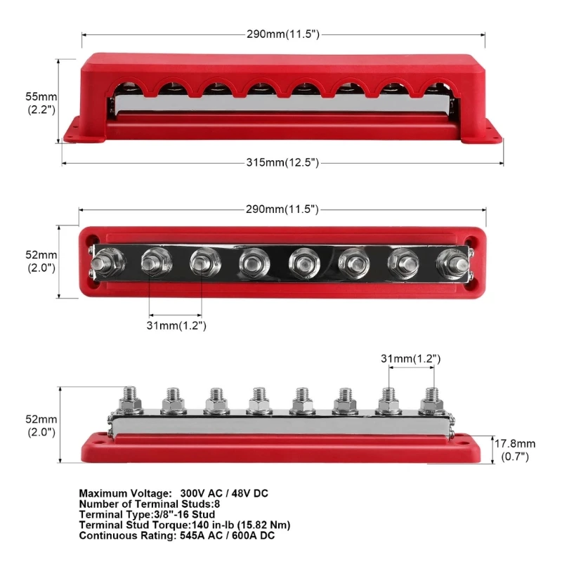 3/8\'\' Bus Bar Power Distribution Block 600A Electrical Terminals Block for Car G7ND