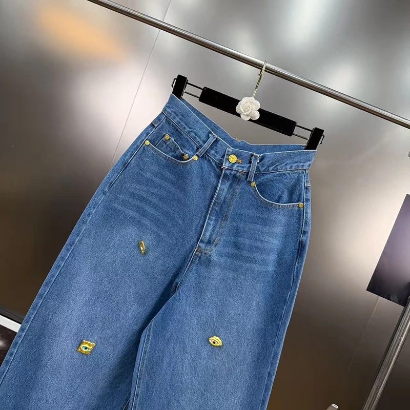KBQ pantaloni causali larghi con diamanti impiombati solidi per donna a vita alta versatili jeans a gamba larga moda femminile stile invernale