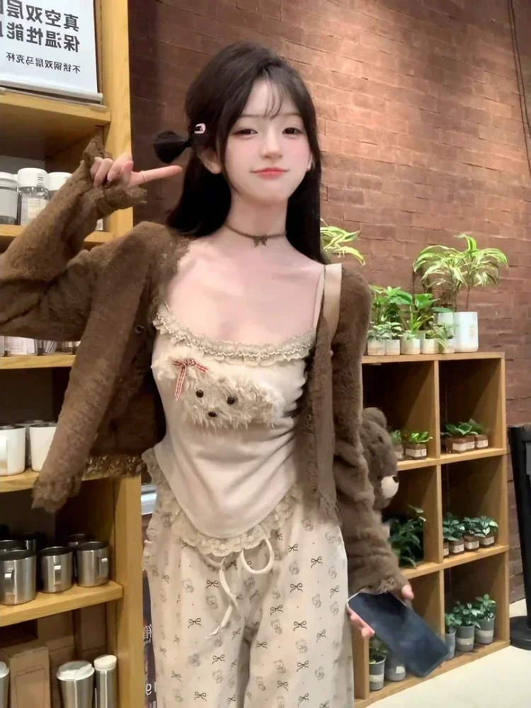 

Американские винтажные костюмы для женщин, повседневный укороченный топ Y2k, жилет + вязаный кардиган, японский корсет Kawaii, майка, корейский модный шик