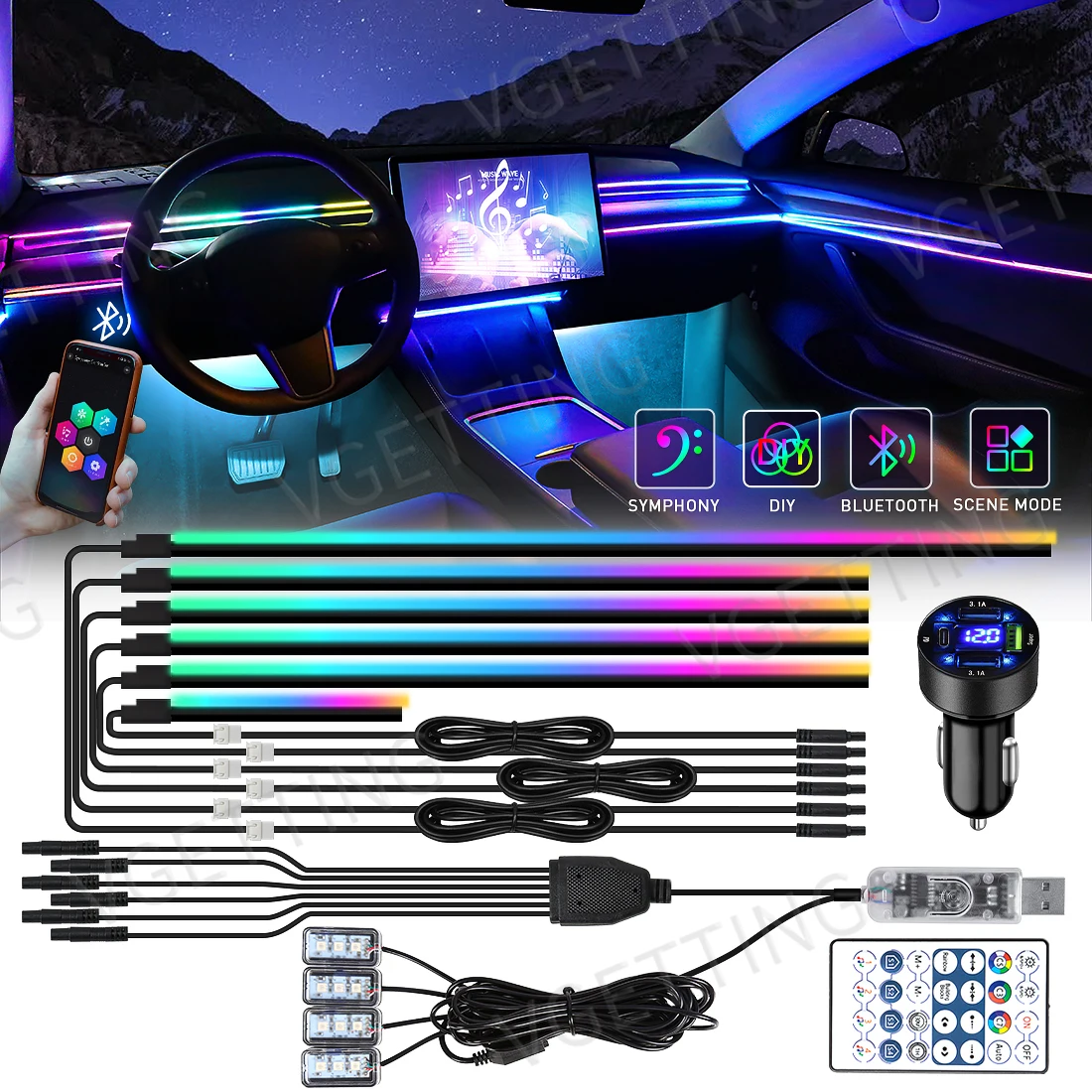 

10 in 1 Full Set 140CM Symphony Ambient Light Kit Car Interior Led Strip Light for Car Music APP Remote Control Colorful RGB LED