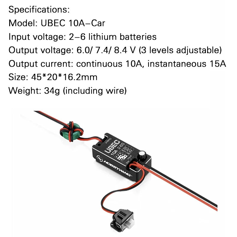 Hobbywing Waterproof UBEC 10A Voltage Regulator Module 2-6S 6/7.4/8.4V Adjustable Metal Shell BEC for RC Car Parts
