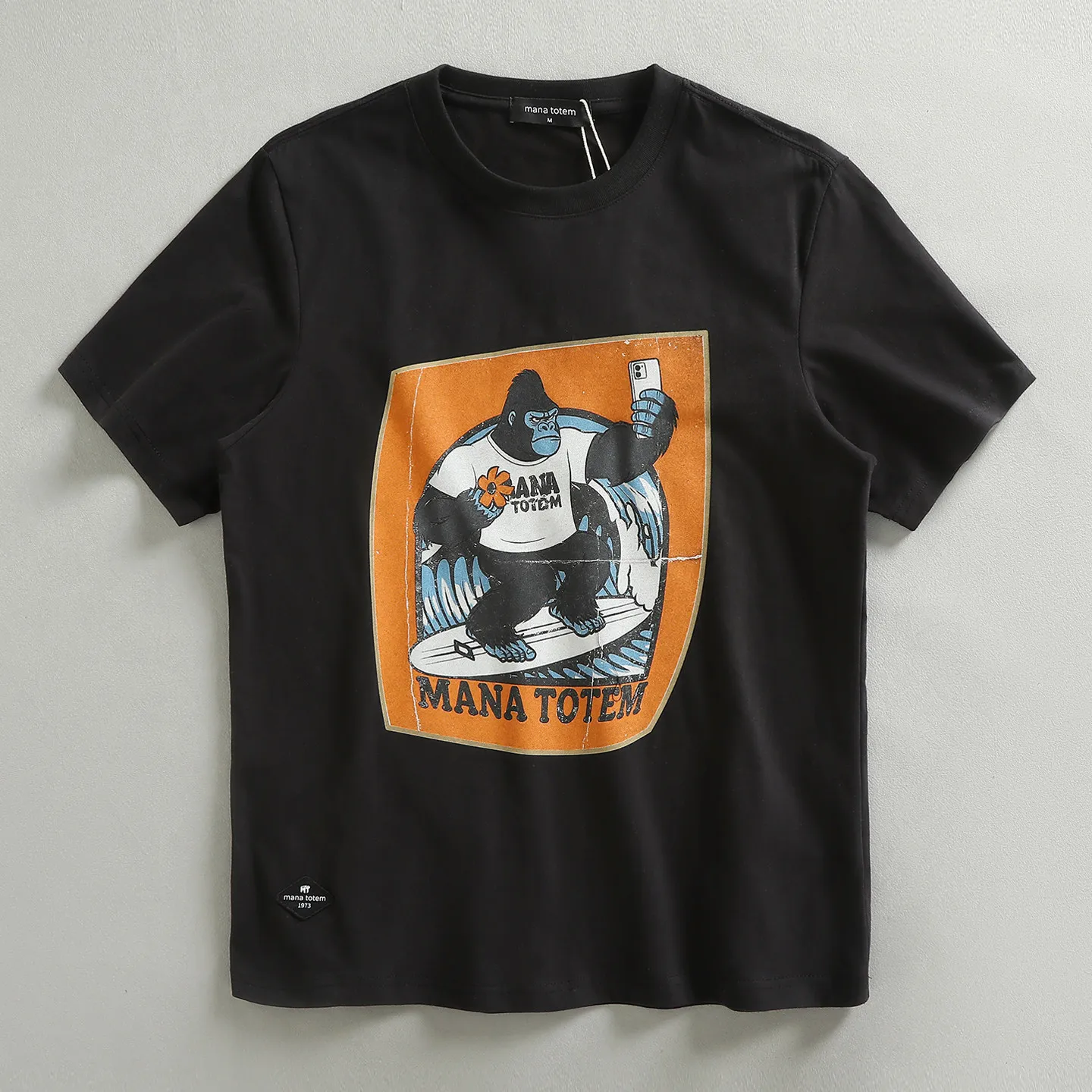 2026 Summer New American Retro Short Sleeve O-neck Gorilla Surfing Printed T-shirt Men's Fashion 100% Cotton Washed Casual Tops