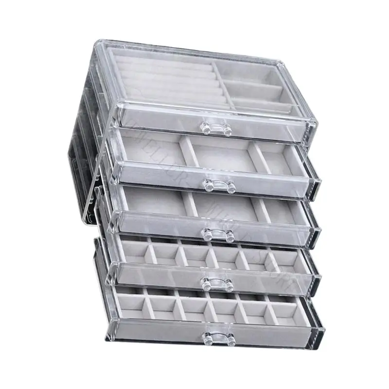 R7UF Clear Acrylic Jewelry Storage Case with 5 Pull Out Drawers and Soft Lined Trays for Vanity, Counter or Sample Use