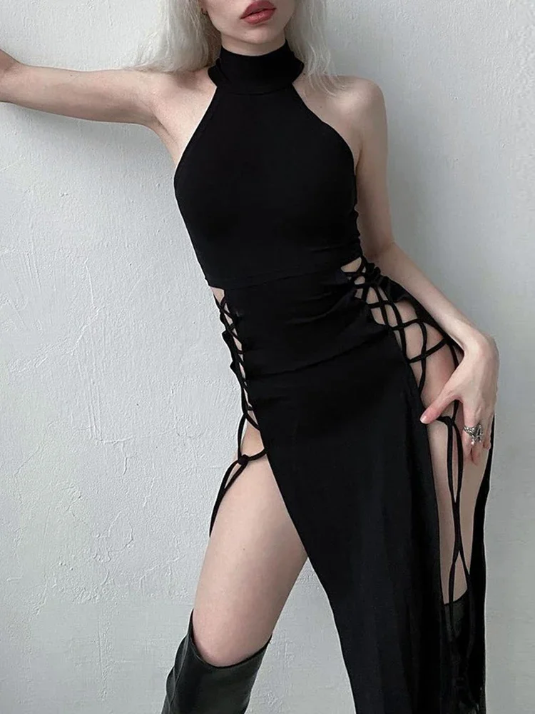 Robe mi-longue à bandes pour femmes, Vintage, foncé, Cosplay, fente haute, Sexy, gothique, col licou, Slim, noir, Y2K, Grunge Alt, vêtements de fête, nouvelle collection 2025