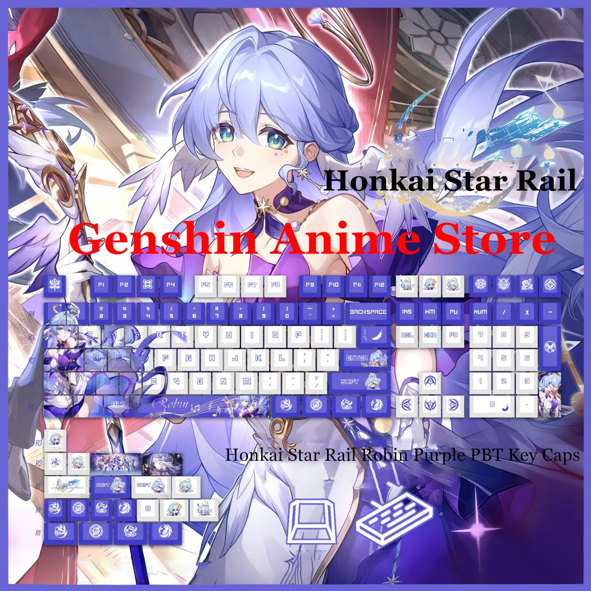 Game Honkai Star Rail Robin Purple PBT Key Caps Cosplay Peops Axis Side Engraved Mechanicale Keycaps Gaming Tabletop Supplies